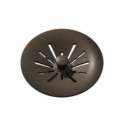 Chestnut brown polymer basket strainer with radial slots and center post for sink drain.