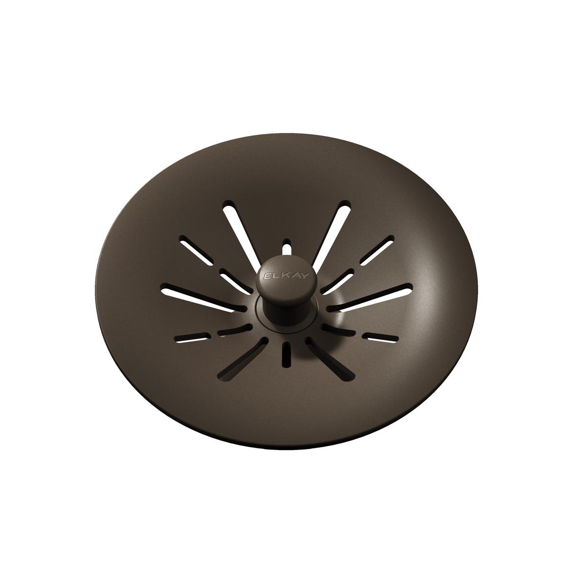 Chestnut brown polymer basket strainer with radial slots and center post for sink drain.