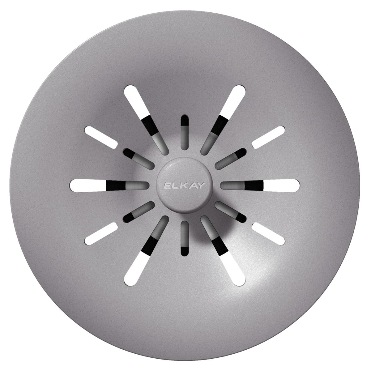 Greystone polymer basket strainer with radiating slots and center Elkay logo, removable design for 3-1/2" drain.