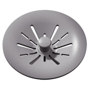 Greystone polymer basket strainer with radial slots and central knob for sink drain.