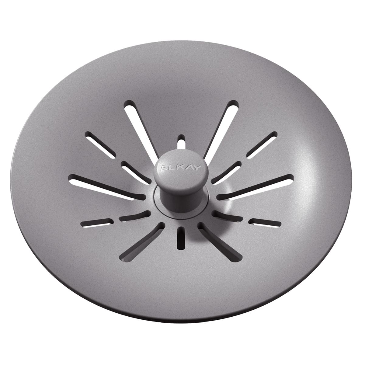 Greystone polymer basket strainer with radial slots and central knob for sink drain.