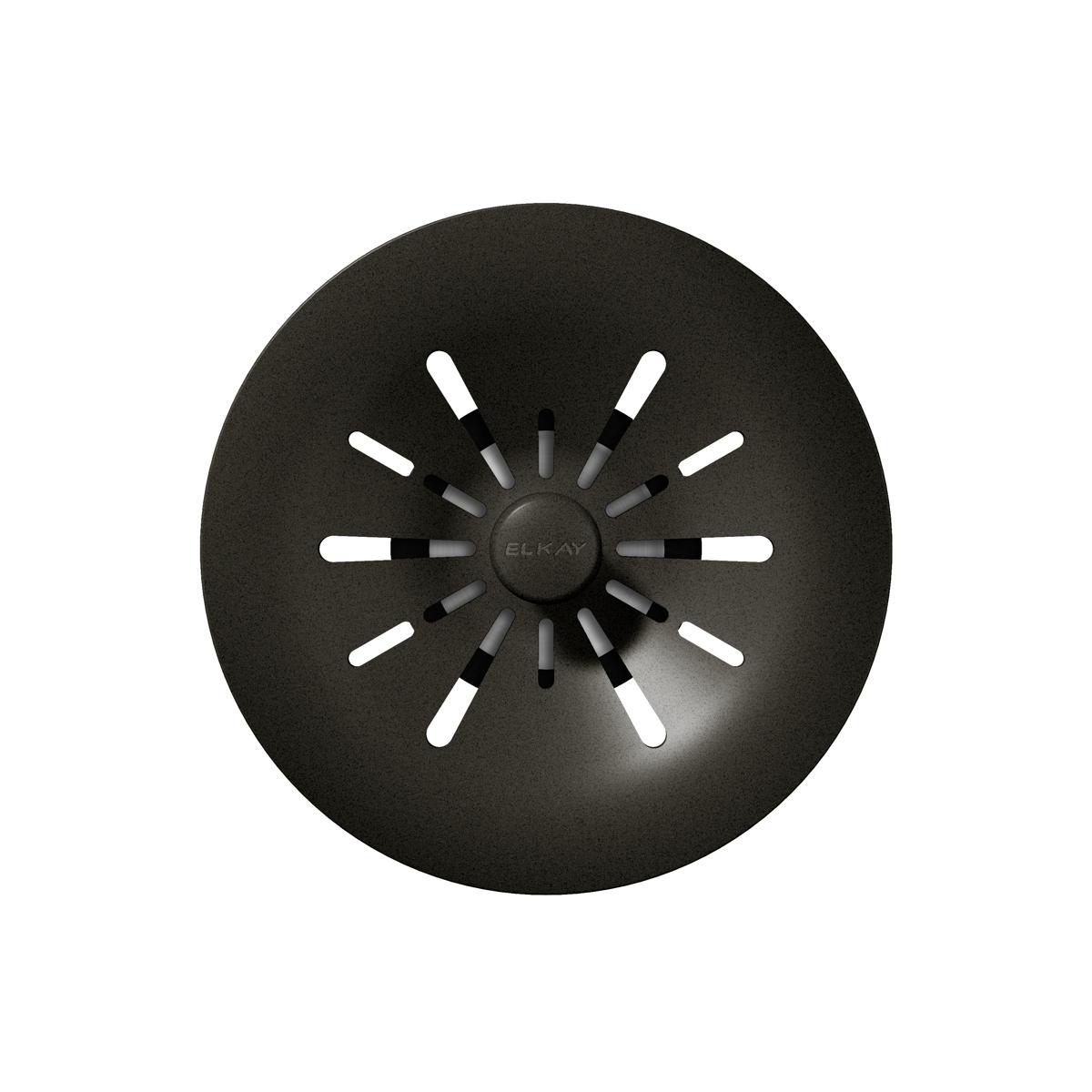 Dusk gray polymer basket strainer with radial slot pattern and center hub for 3-1/2" drain opening.