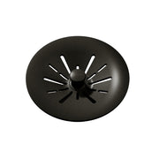 Dusk gray polymer basket strainer with radial slots and center knob for sink drain.