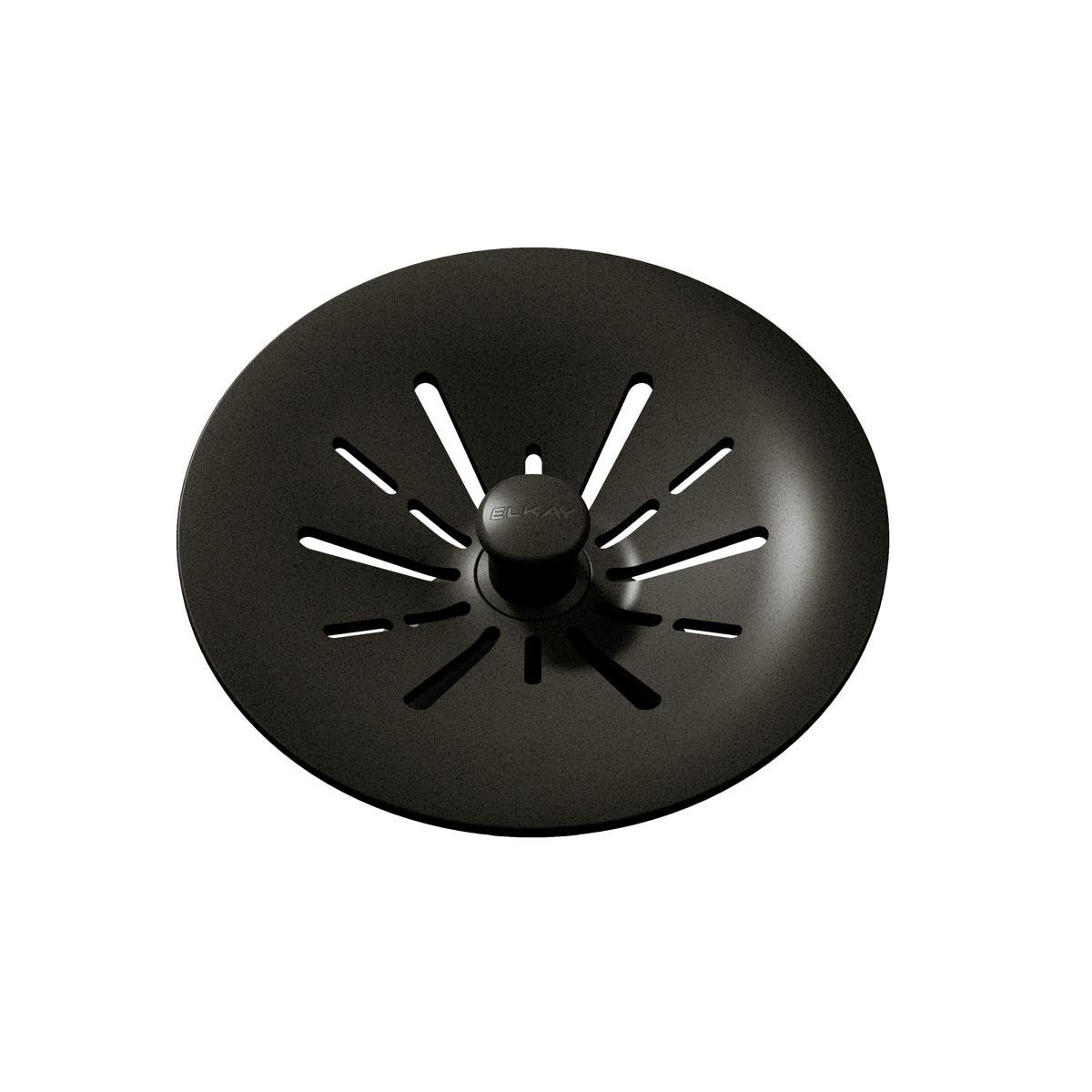 Dusk gray polymer basket strainer with radial slots and center knob for sink drain.