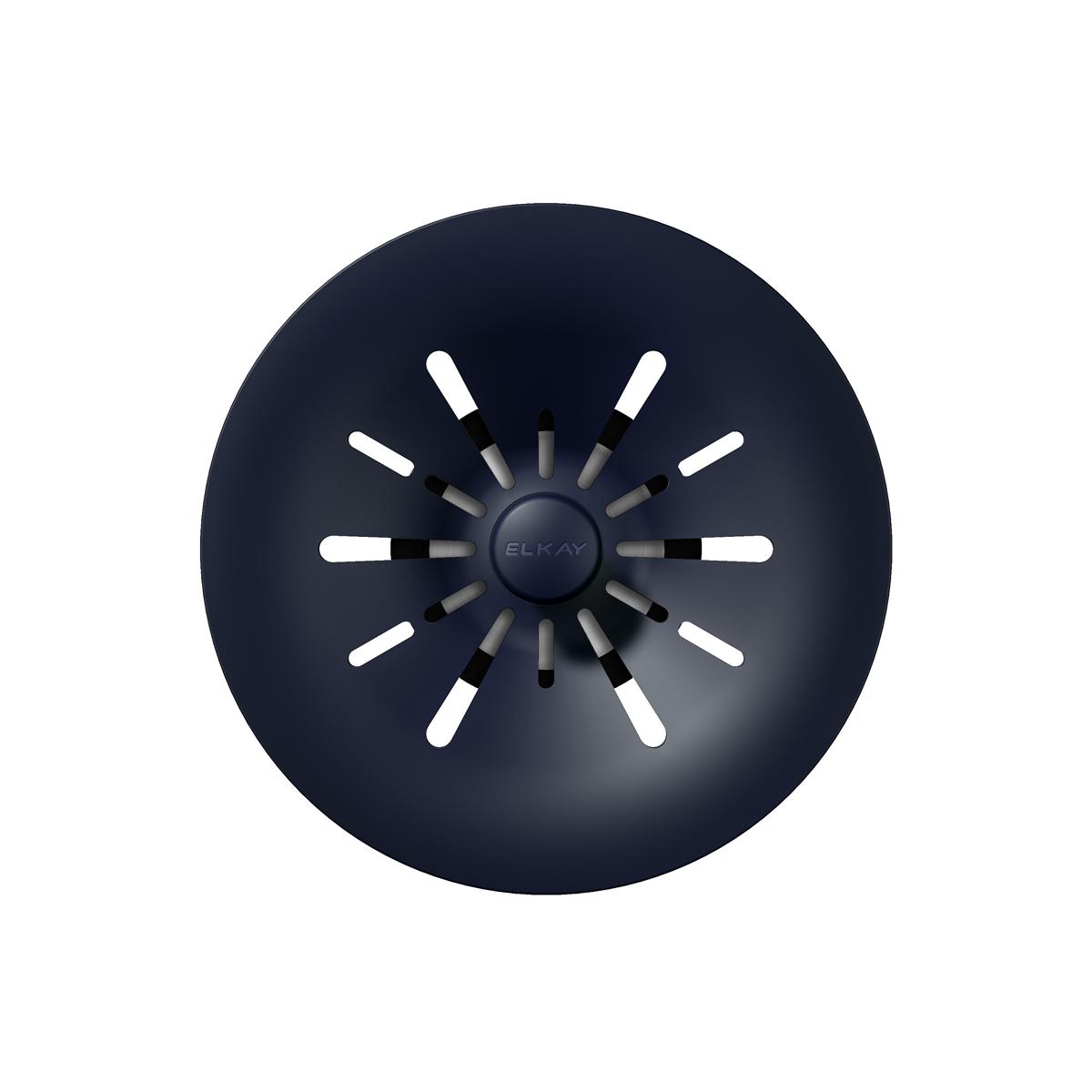 Dark navy polymer basket strainer with white and gray slots radiating around center Elkay logo.