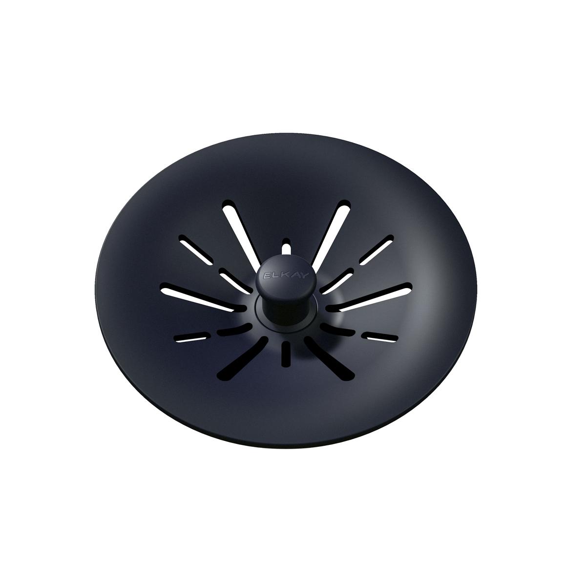 Black polymer basket strainer with radial slots and central knob for sink drain.