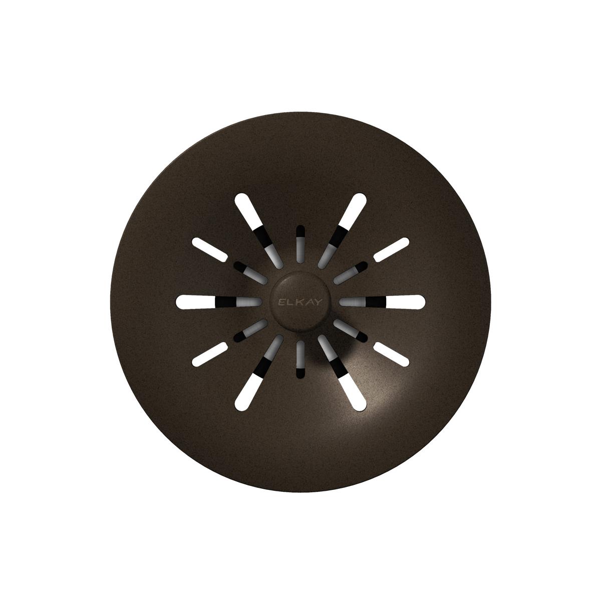 Mocha polymer basket strainer with radial slot pattern and center Elkay logo, top view.