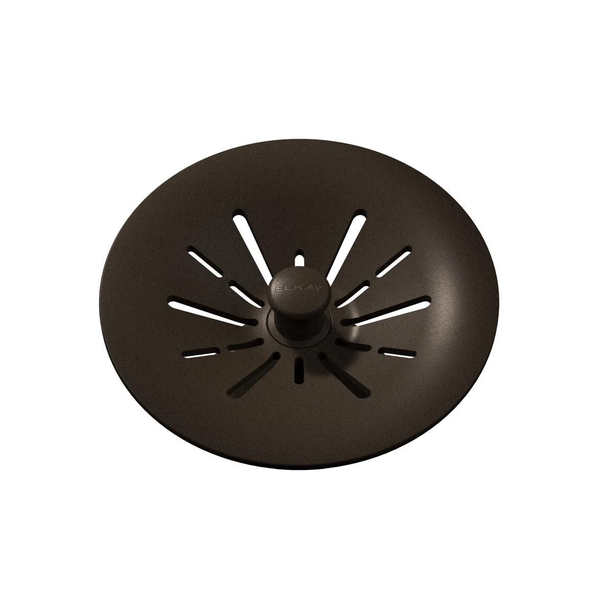 Mocha polymer basket strainer with radial slots and center post for 3-1/2" sink drain.
