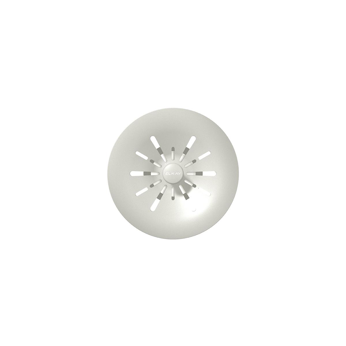 Parchment-colored polymer basket strainer with radial slot pattern and center logo, viewed from above.