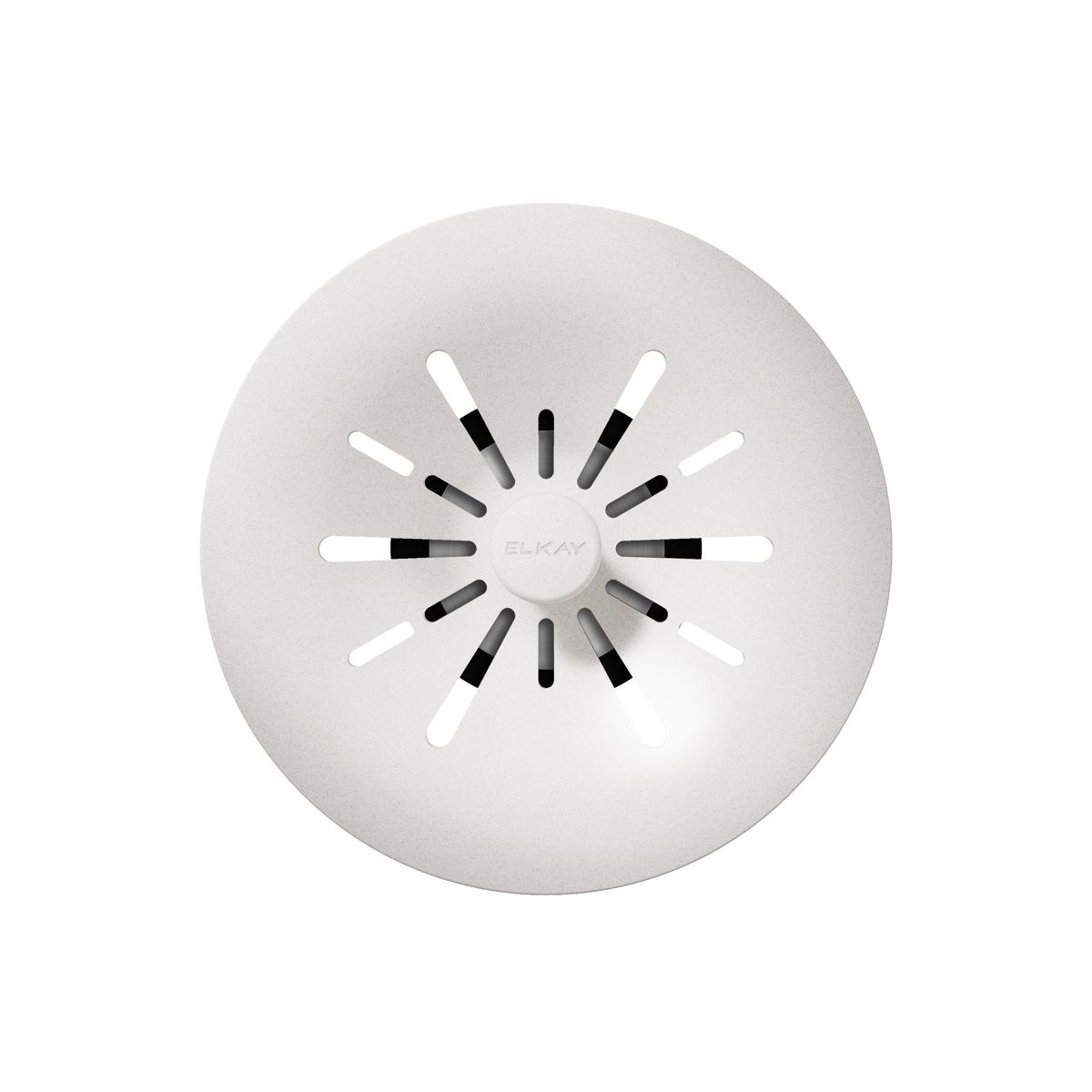 Elkay removable polymer basket strainer with radial slots and center hub in ricotta white finish.