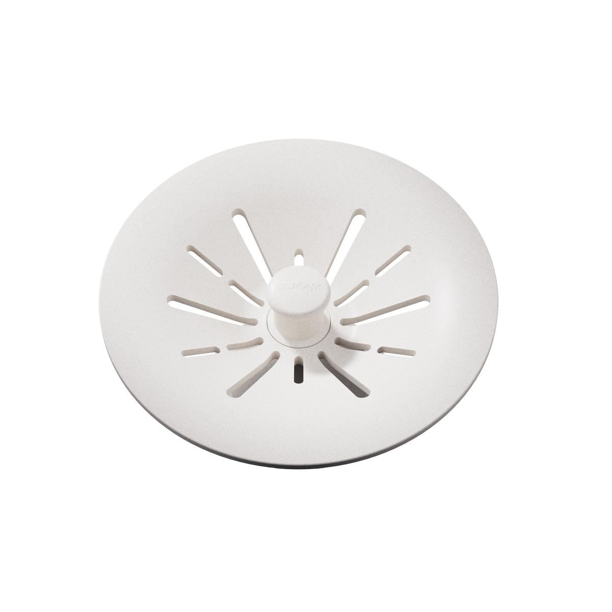 Ricotta-colored polymer basket strainer with radial slot design and center post for sink drain.