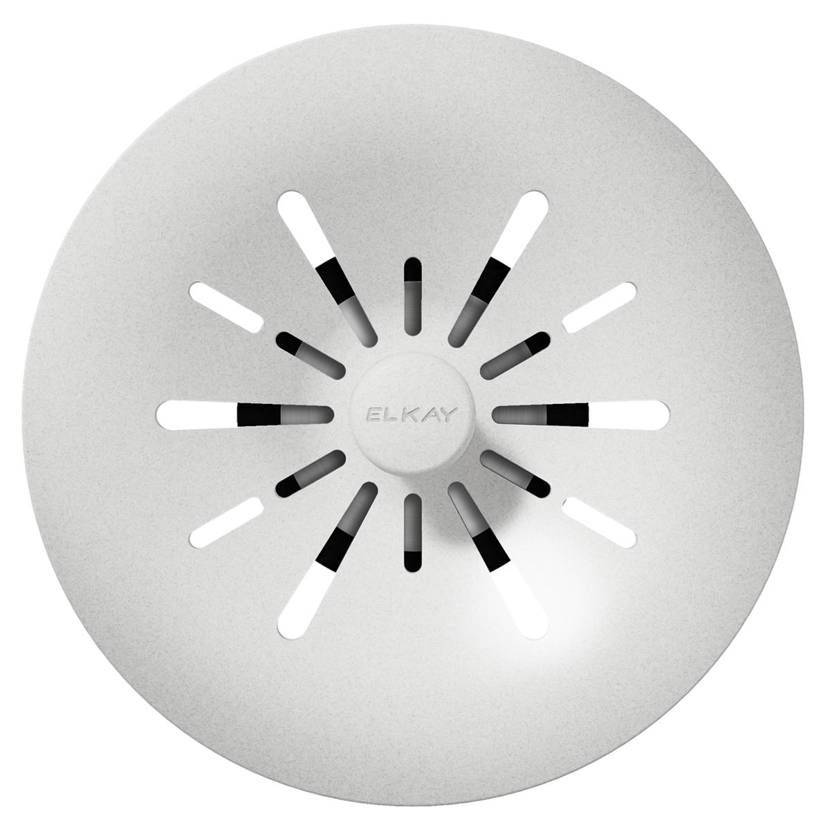 White polymer basket strainer with radial slots and center hub marked "ELKAY" for 3-1/2" drain opening.
