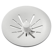 White polymer basket strainer with radiating slot pattern and center post, 3-1/2" diameter.
