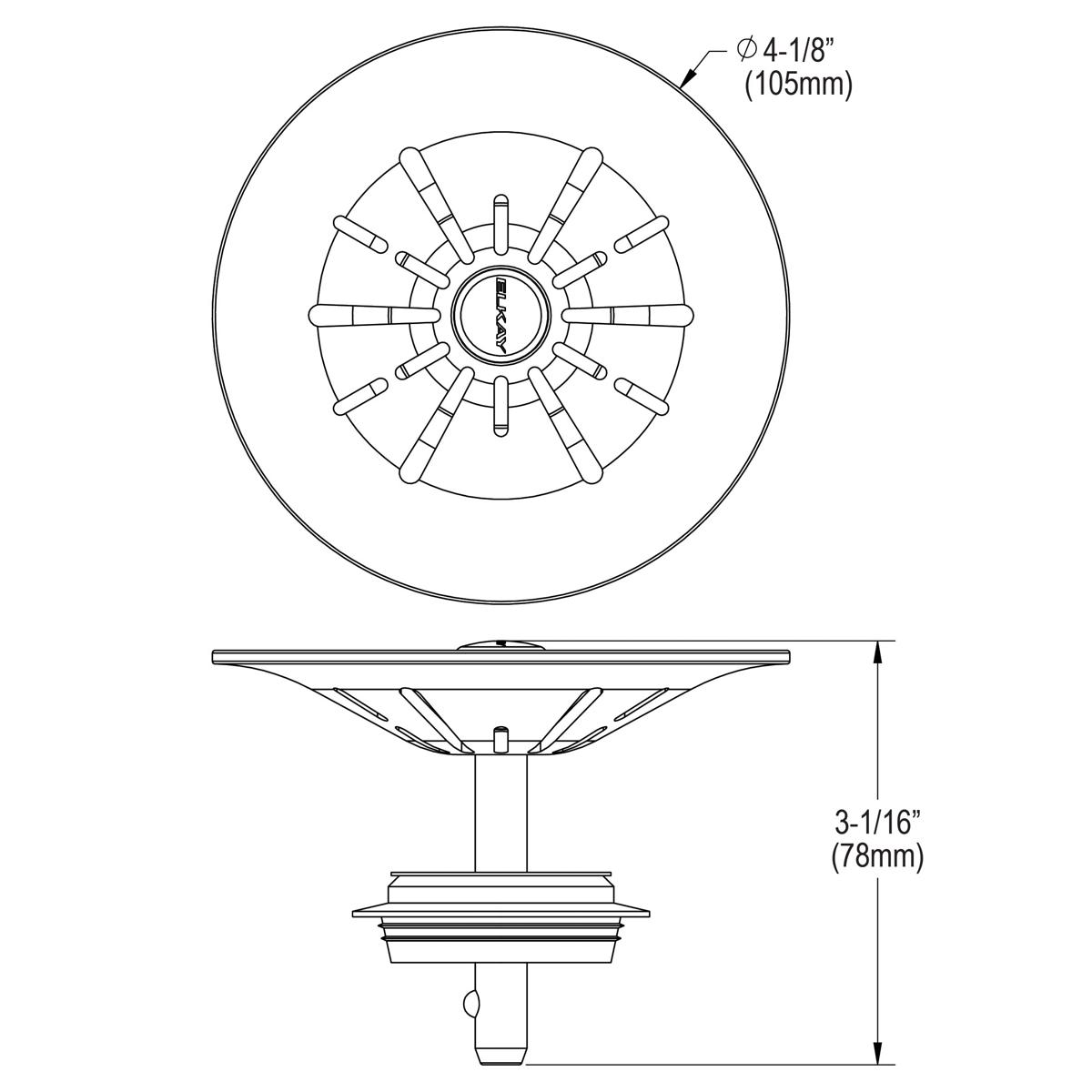 Removable polymer basket strainer with radial slots and central post, shown in top and side views with dimensions.
