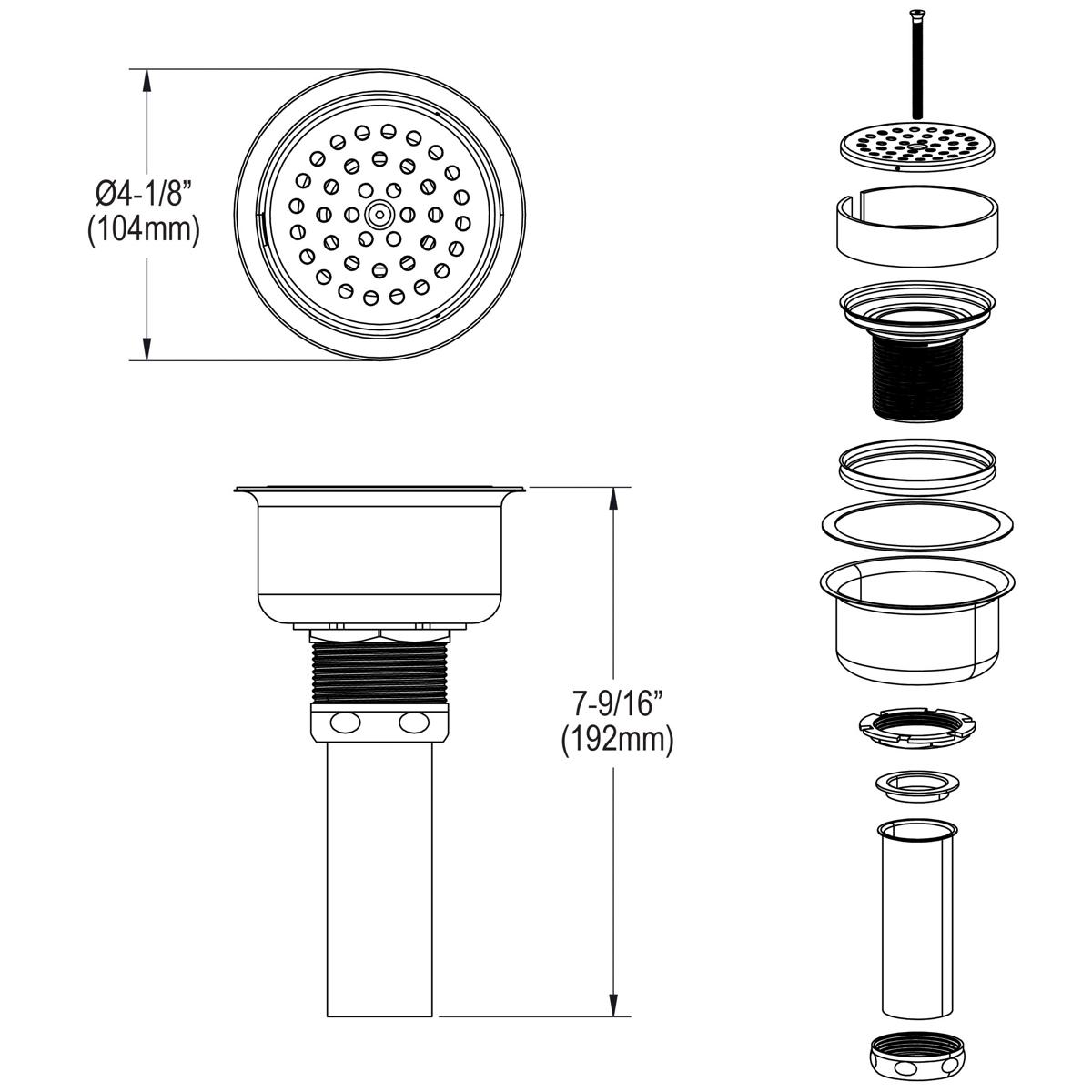 Chrome plated brass drain strainer with perforated bowl, 4-1/8" diameter, shown assembled and disassembled with component par