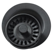 Black polymer sink strainer with removable basket, center stopper, and radial drain slots, viewed from above.