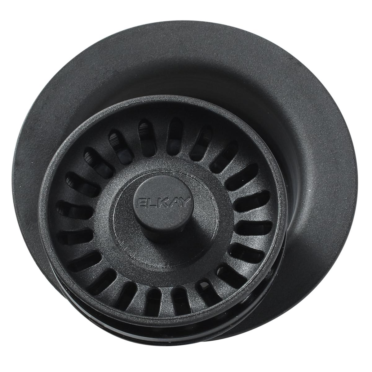 Black polymer sink strainer with removable basket, center stopper, and radial drain slots, viewed from above.