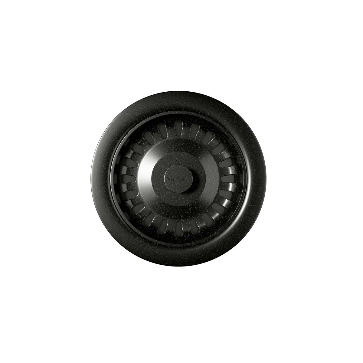 Black polymer disposer flange with removable basket strainer and rubber stopper, viewed from above.