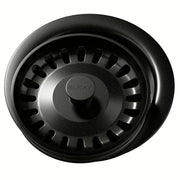 Black polymer sink strainer with removable basket and center knob, viewed from above.