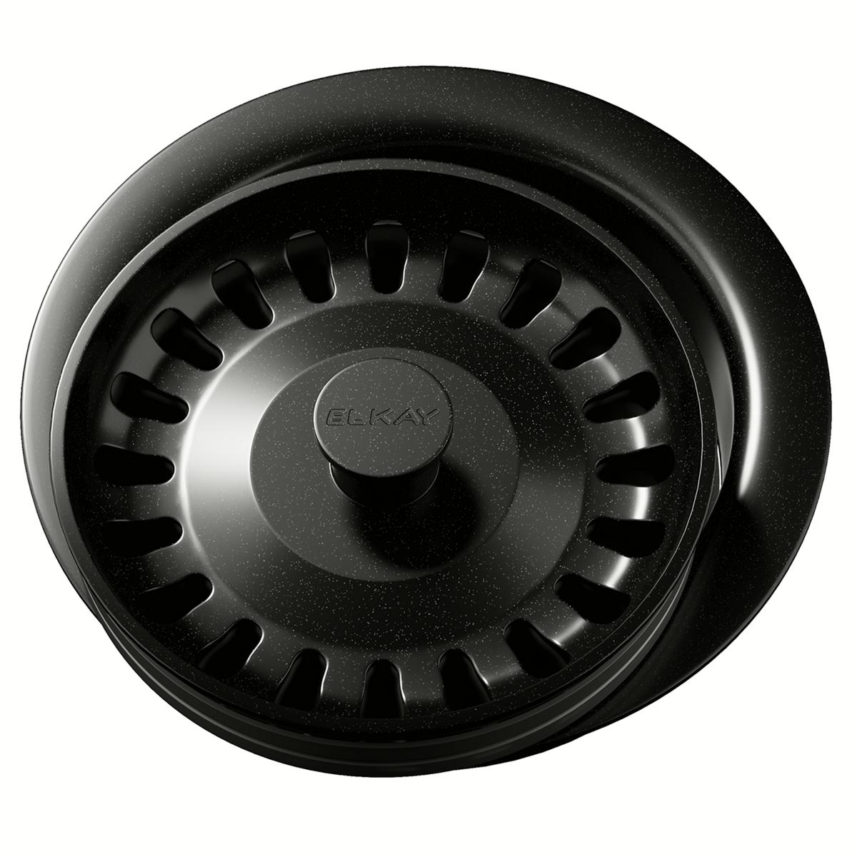 Black polymer sink strainer with removable basket and center knob, viewed from above.