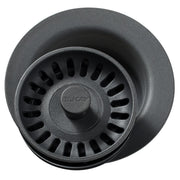 Charcoal polymer sink strainer with removable basket and rubber stopper, featuring slotted drain holes and Elkay branding.