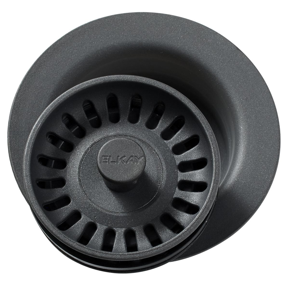 Charcoal polymer sink strainer with removable basket and rubber stopper, featuring slotted drain holes and Elkay branding.