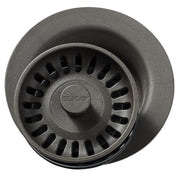 Chestnut polymer disposer flange with removable basket strainer featuring perforated design and central knob.