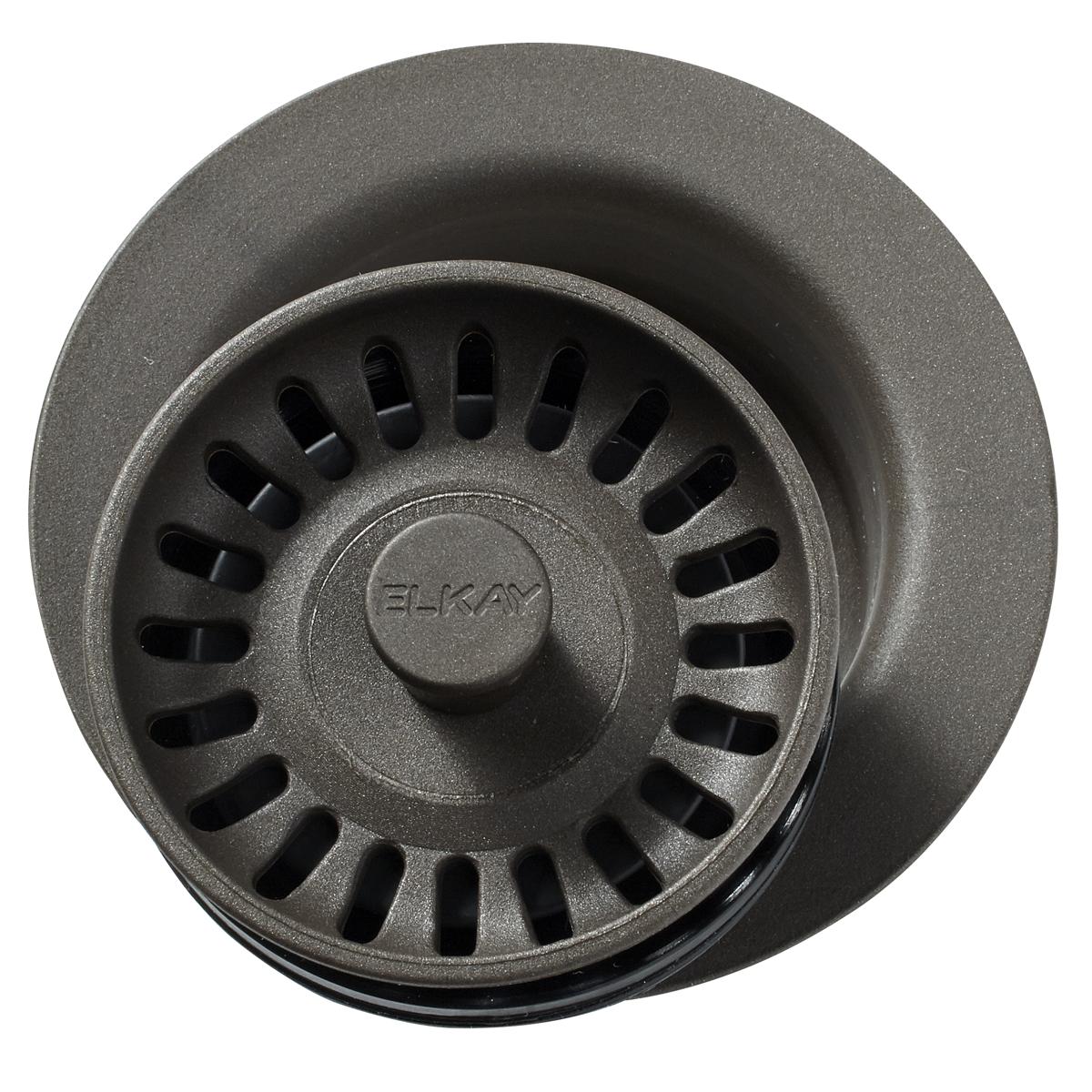 Chestnut polymer disposer flange with removable basket strainer featuring perforated design and central knob.