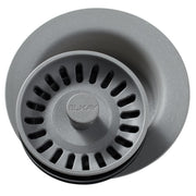 Grey polymer disposer flange with removable basket strainer featuring slotted openings and center knob marked "ELKAY".