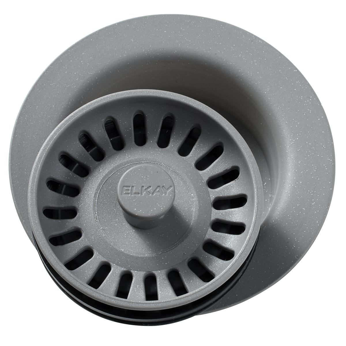 Grey polymer disposer flange with removable basket strainer featuring slotted openings and center knob marked "ELKAY".