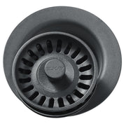 Dusk gray polymer disposer flange with removable basket strainer and center rubber stopper, viewed from above.