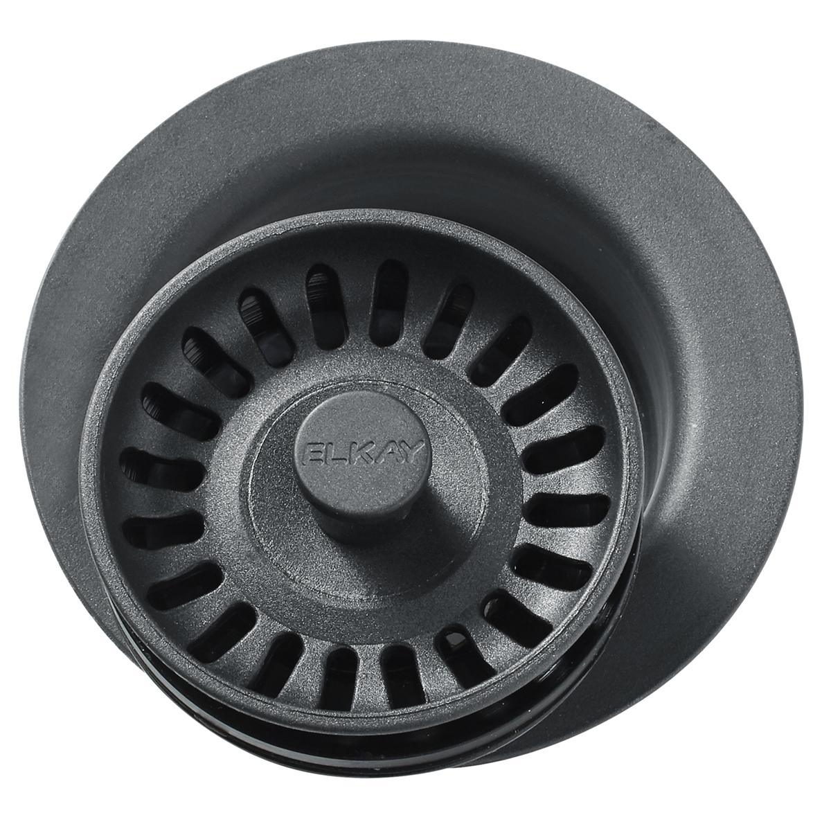 Dusk gray polymer disposer flange with removable basket strainer and center rubber stopper, viewed from above.