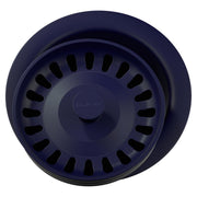 Dark navy polymer sink strainer with removable basket, center knob, and perforated slots around the rim.