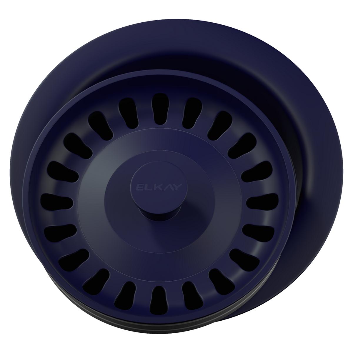 Dark navy polymer sink strainer with removable basket, center knob, and perforated slots around the rim.