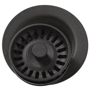 Mocha-colored polymer disposer flange with removable basket strainer featuring radial slots and center knob marked "ELKAY".