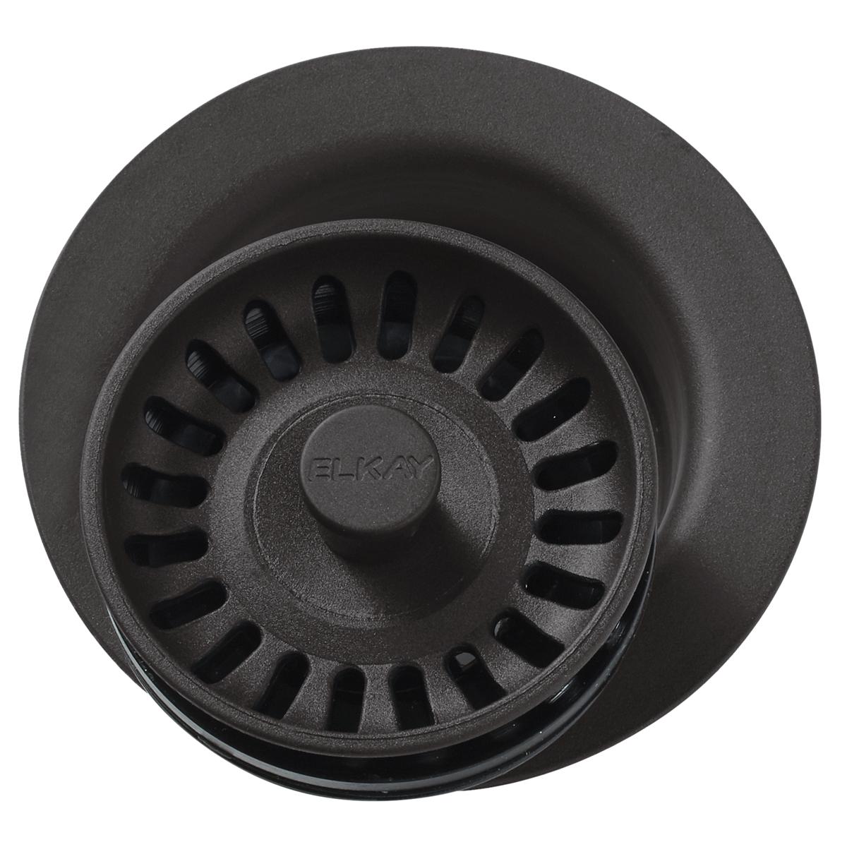 Mocha-colored polymer disposer flange with removable basket strainer featuring radial slots and center knob marked "ELKAY".
