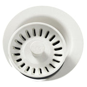 Parchment polymer disposer flange with removable basket strainer and rubber stopper ring, viewed from above.