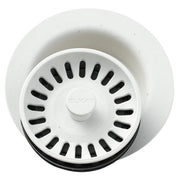 White polymer disposer flange with removable basket strainer featuring black drainage slots and central knob, shown from abov