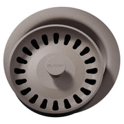 Silvermist polymer disposer flange with removable basket strainer, rubber stopper, and perforated drain holes.