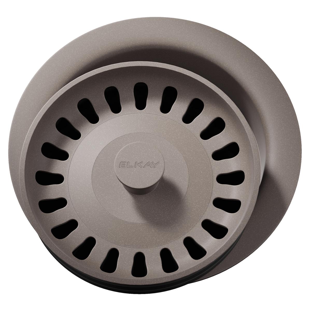 Silvermist polymer disposer flange with removable basket strainer, rubber stopper, and perforated drain holes.