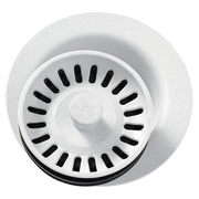 White polymer disposer flange with removable basket strainer featuring black slots and center knob with rubber stopper.
