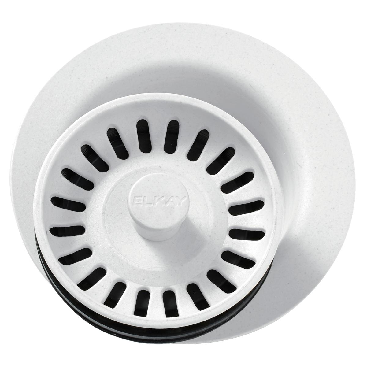 White polymer disposer flange with removable basket strainer featuring black slots and center knob with rubber stopper.