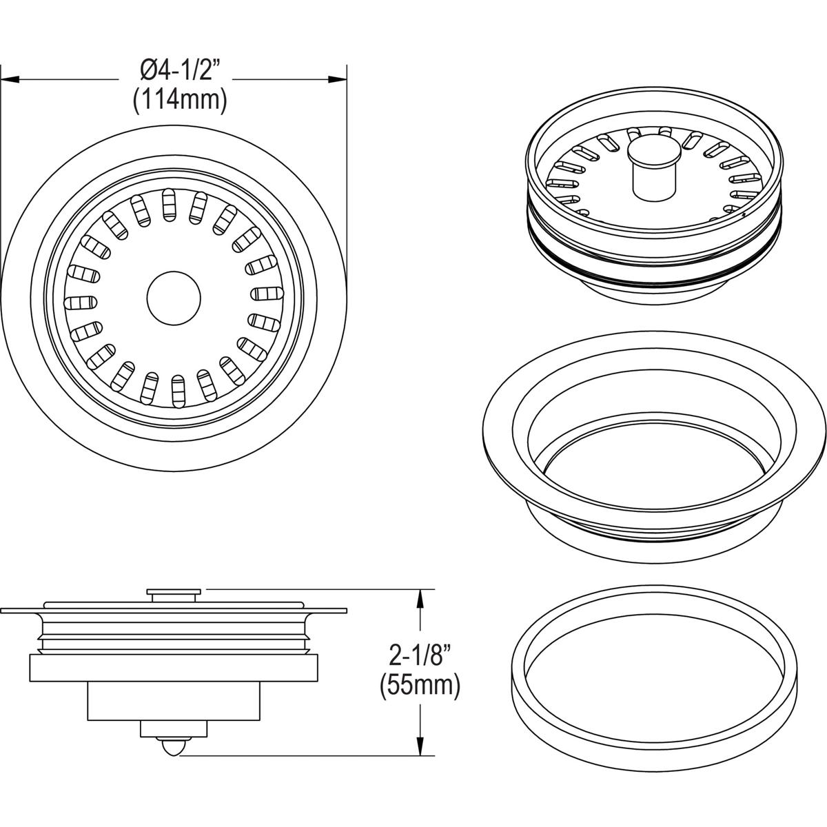 Elkay Polymer 3-1/2" Disposer Flange with Removable Basket Strainer and Rubber Stopper Charcoal