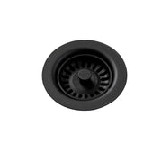 Black polymer drain fitting with removable basket strainer and central stopper knob.