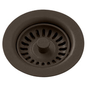 Chestnut polymer drain fitting with removable basket strainer and center stopper knob, viewed from above.