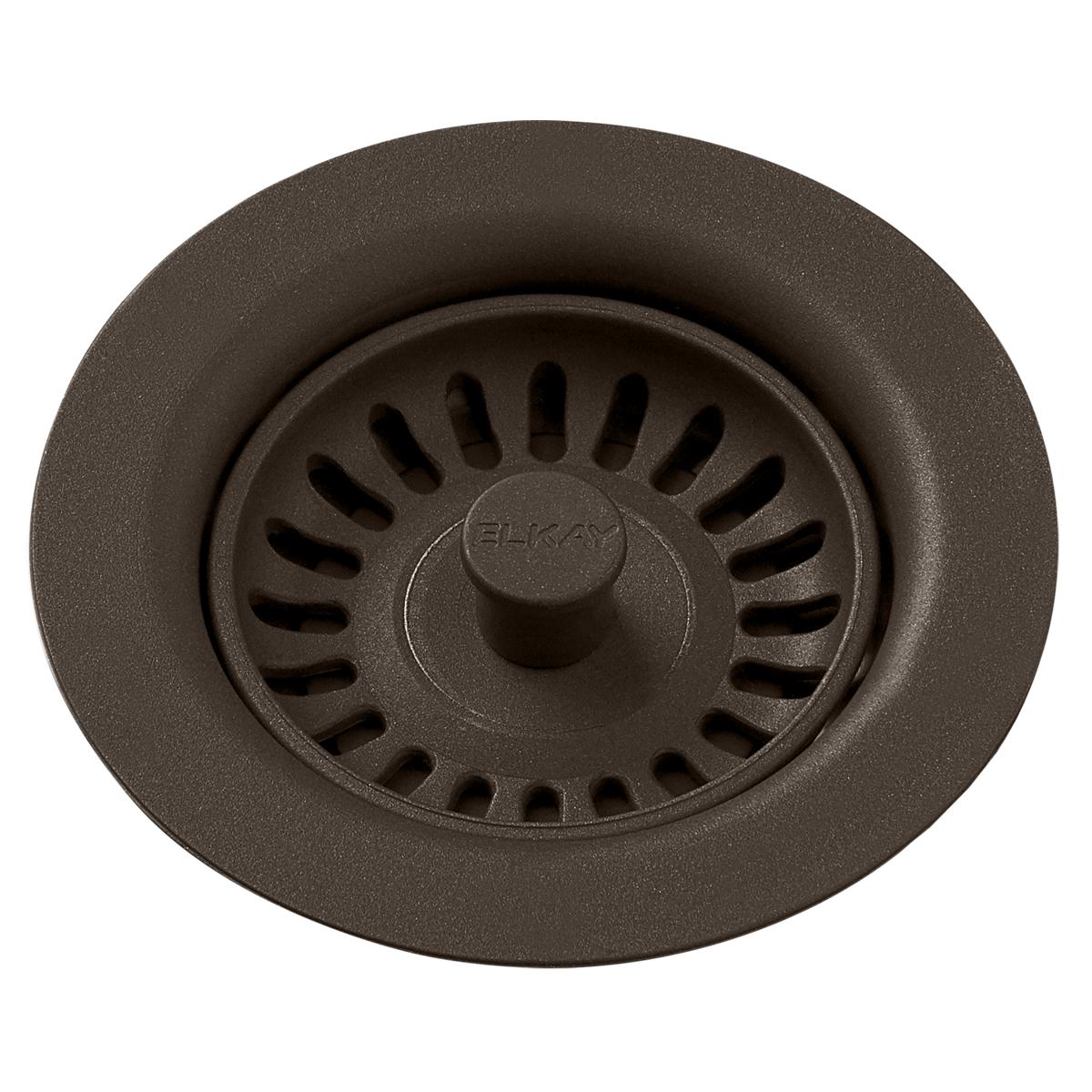 Chestnut polymer drain fitting with removable basket strainer and center stopper knob, viewed from above.