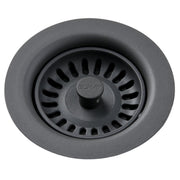Dusk gray polymer drain fitting with removable basket strainer and central rubber stopper, viewed from above.