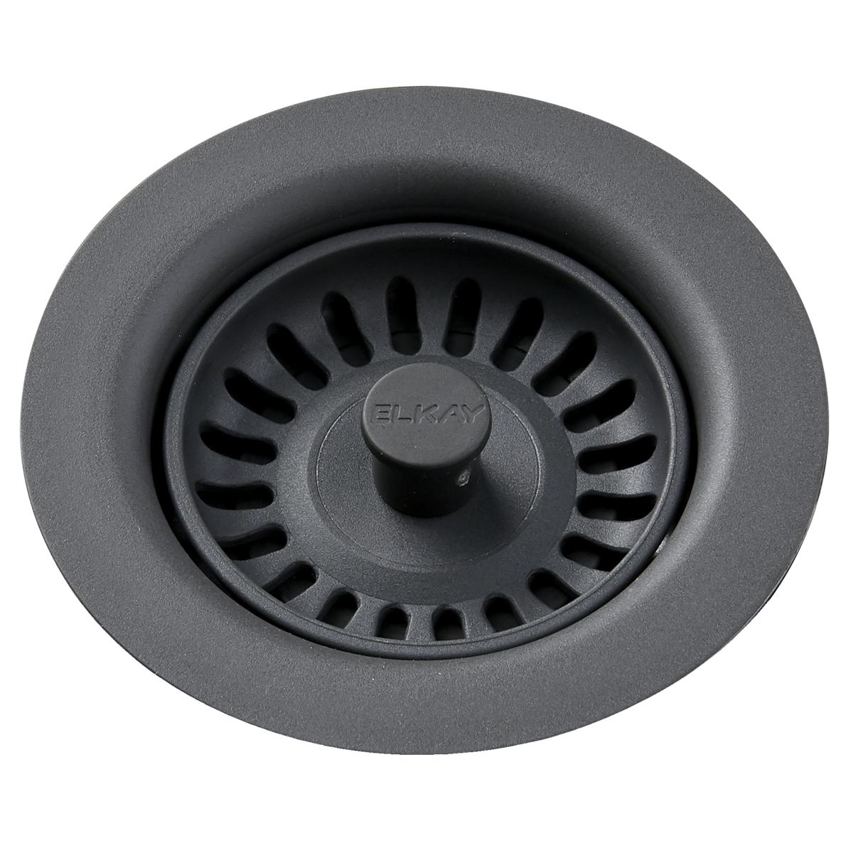Dusk gray polymer drain fitting with removable basket strainer and central rubber stopper, viewed from above.