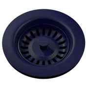 Dark blue polymer drain fitting with removable basket strainer and central rubber stopper.