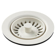 Parchment polymer drain fitting with circular basket strainer and central rubber stopper component.